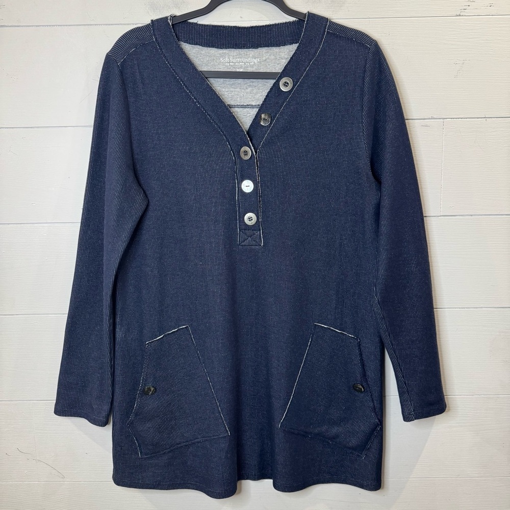 Soft Surroundings Blue Lagenlook Slub Knit Henley Tunic Top Small 100% Cotton